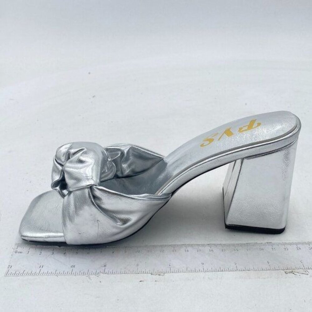 FYS Women Fashion Chunky Block Heeled Slip On Mules Square Open Toe Metallic